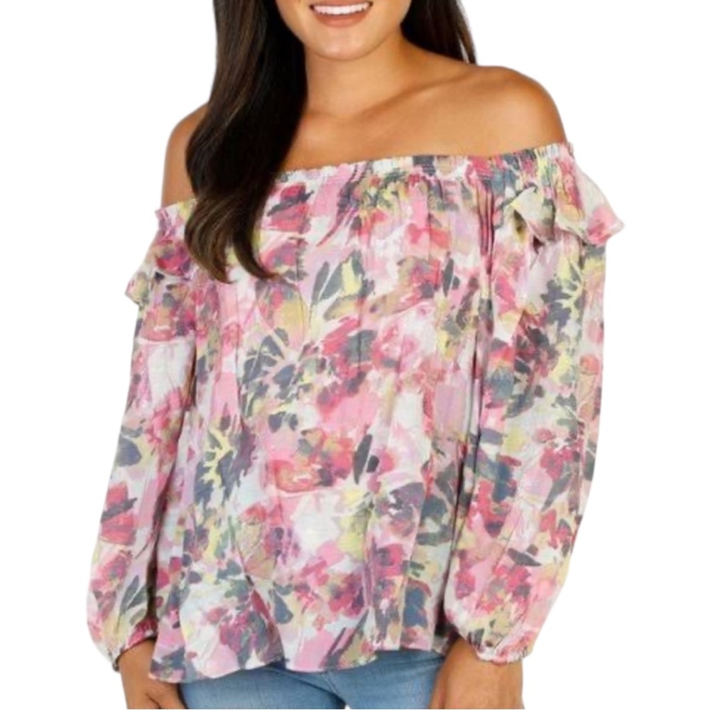 Zac & Rachel women's floral tie dye puff sleeve ruffle top, Sz M